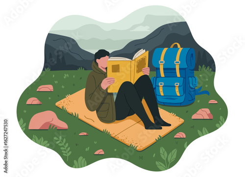 An adventurer engrossed in a book outdoors amid nature, encapsulating the spirit of exploration, relaxation, and the joy of reading in a breathtaking natural setting.