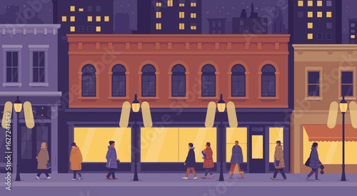 In this atmospheric image, city dwellers walk along a lively urban street at night, portraying the vibrant pulse of city life against a backdrop of warm lights.