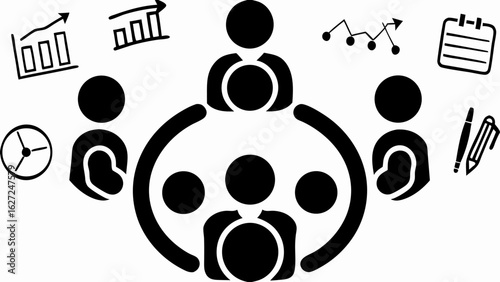 Illustration of a business meeting with people around a table and charts and graphs around them silhouette