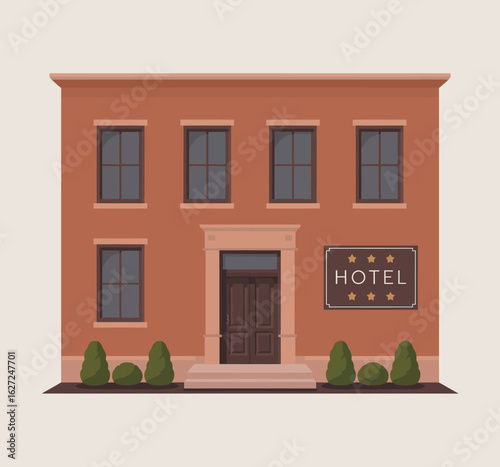A beautifully designed hotel facade showcasing elegance and luxury, representing hospitality and comfort, accentuated by architectural details and a warm color palette.
