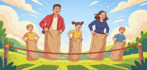 A joyful family engages in a nostalgic sack race, bringing out smiles and laughter, highlighting the importance of family bonding and outdoor fun in nature's beautiful setting.