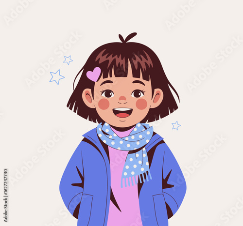 A cheerful illustration of a young girl wearing a blue scarf and jacket, radiating happiness and innocence, perfect for capturing the spirit of childhood joy and warmth.