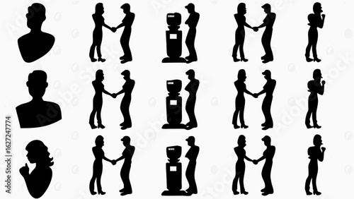 Silhouettes of people interacting including shaking hands standing by a water cooler and portraits shown