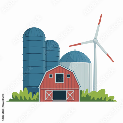 A picturesque farm setting showcasing a traditional red barn alongside modern silos and a wind turbine, illustrating the fusion of agriculture and renewable energy in harmony.