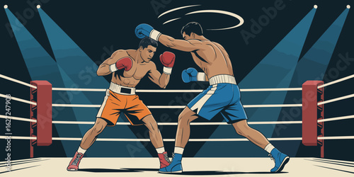 This image showcases an intense boxing match featuring two fighters in colorful shorts, capturing the action and determination in the boxing ring under bright lights.