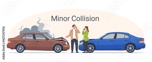 A depiction of a minor car collision scene, featuring two vehicles and a conversation between the involved parties, highlighting the emotional aspect of such events.