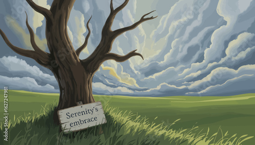 An evocative illustration of a solitary tree standing tall beneath an expansive sky filled with dramatic clouds, symbolizing peace and the beauty of nature's embrace.