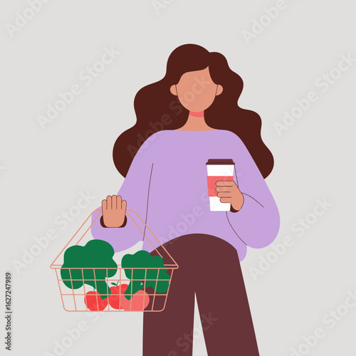A woman with wavy hair holds a grocery basket filled with vegetables and a coffee cup, conveying a vibrant, healthy, and modern lifestyle focused on wellness and convenience.