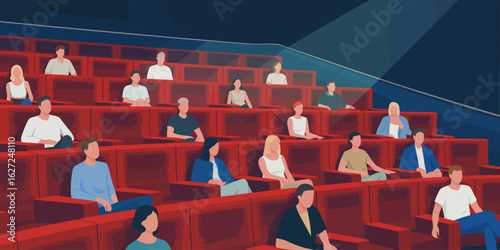 A visually striking image of an auditorium filled with diverse people sitting in red seats, creating an ambiance of anticipation and community engagement.
