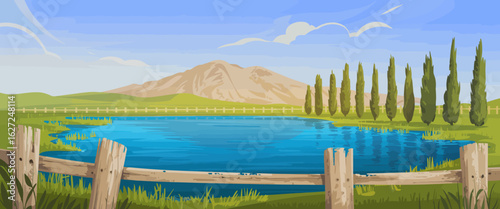 This picturesque landscape features a serene pond in front of a majestic mountain range, surrounded by lush greenery and a stunning blue sky for a tranquil vibe.