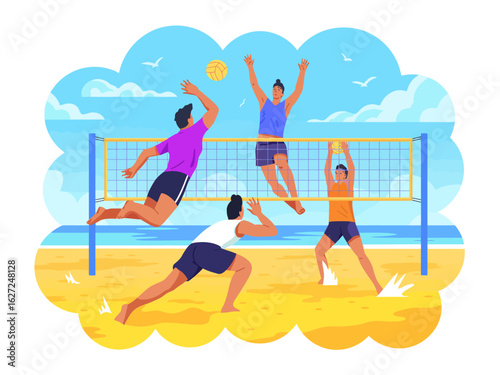 This illustration captures the high-energy action of a beach volleyball game, with players diving and jumping against a backdrop of sun, sand, and sea, epitomizing fun and sportsmanship.