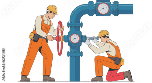 Two workers are engaged in adjusting a valve on a large industrial pipe system, illustrating teamwork and precision in plumbing and mechanical work.