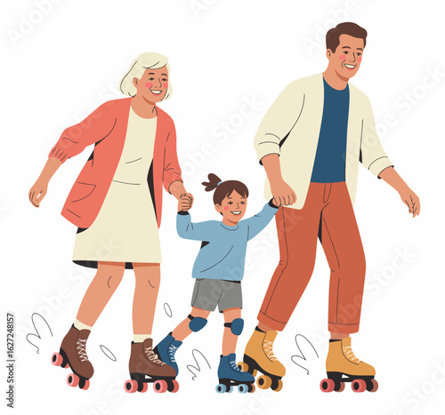 An illustration of a family roller skating together, featuring joyful interactions among a child and parents, celebrating family bonding and outdoor fun.