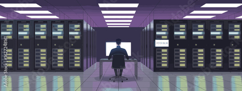A lone figure sits at a desk in a sleek data center, focused on a large screen, surrounded by rows of high-tech servers, symbolizing modern technology and digital innovation.