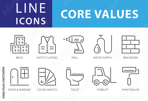 Line Icons Business People, Brick, Safety clothes, Door window