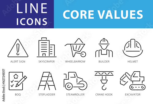 Line Icons Business People, Alert Sign, Skycraper, BOQ, stepladder