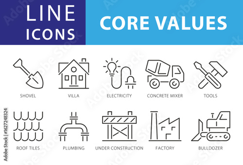 Line Icons Business People, Shovel, Villa, Roof tiles, Plumbing
