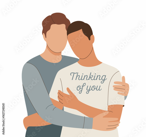 This touching illustration shows two men embracing tenderly, expressing love, support, and a strong emotional connection between them in a simplistic style.