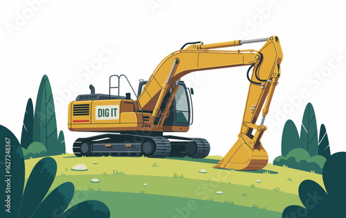 A bright yellow excavator engaged in earth-moving activities highlights construction's impact on landscapes, emphasizing industry, machinery, and engineering prowess.