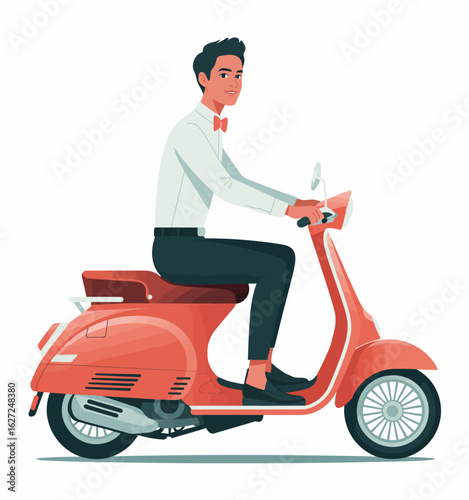 A fashionable young man in a stylish outfit rides a vintage scooter, showcasing a perfect blend of retro and modern elements, promoting a sense of freedom and individuality.
