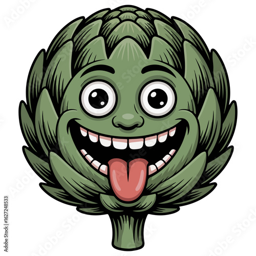 artichoke with a smiling face and tongue sticking out