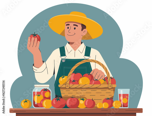 A cheerful farmer showcases fresh, ripe tomatoes and smiles while holding one. The scene represents agriculture, freshness, and the joy of farming in a bright, colorful setting.