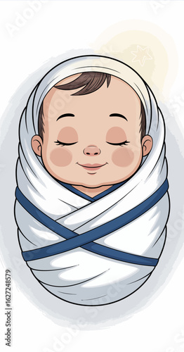 A sweet, smiling baby is tightly wrapped in a cozy blanket, radiating joy and innocence, encapsulating the essence of new life and emotional warmth.
