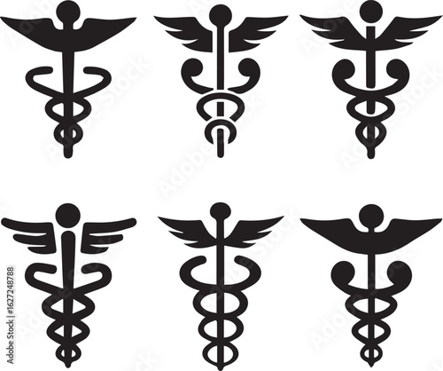 caduceus symbol set, caduceus medical silhouette vector set black and white