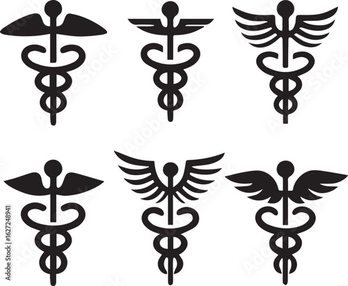 caduceus symbol set, caduceus medical silhouette vector set black and white