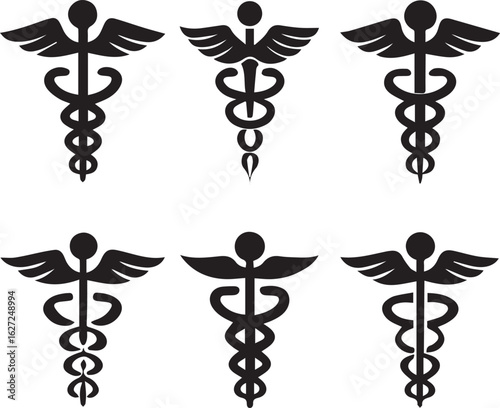 caduceus symbol set, caduceus medical silhouette vector set black and white