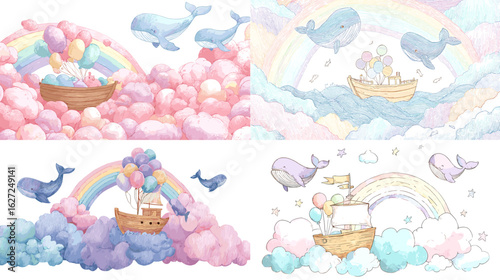 Playful whales and ships float above fluffy rainbow-colored clouds in this dreamy pastel fantasy world perfect for nursery art and children’s stories.

