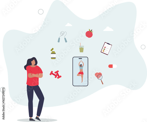Weight loss with mobile app. diet plan with healthy food and vitamin supplements, sport workout in gym.human life.