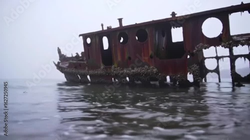 Ghostly Relic: A Haunting Shipwreck Emerges from the Ocean's Embrace, Embracing the Passage of Time