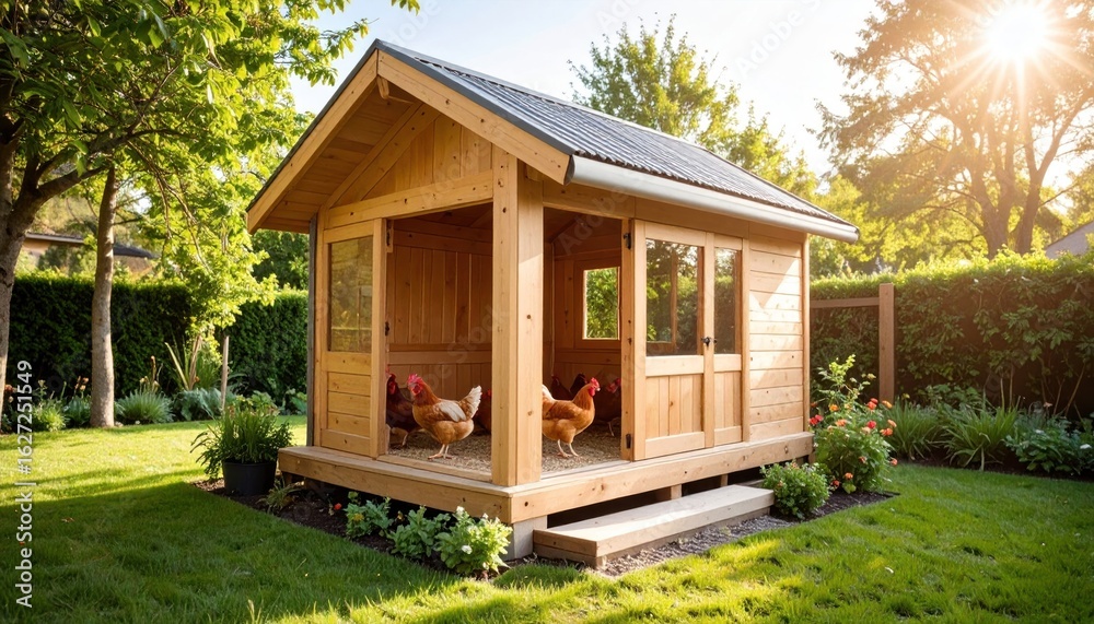 Backyard chicken coop, sunny day Backyard chicken coop, sunny day