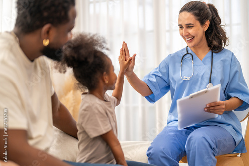 African girl high five with doctor after recovery, happy child leaving hospital healthy, pediatric care success, flu treatment completed, positive experience in children hospital, health insurance