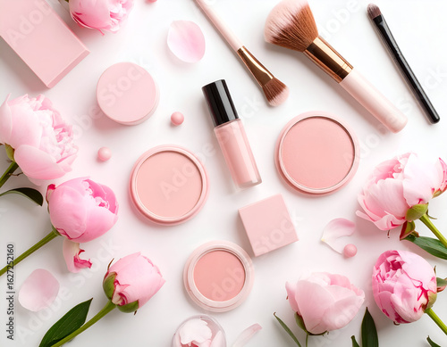 All-Pink Beauty A Firefly_Flat Lay of Brushes, Blushes, and Beauty Products in Pastel Tones