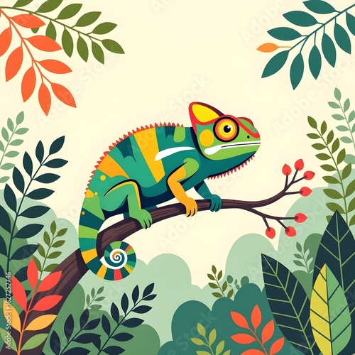Colorful Chameleon on Tree Branch in Jungle