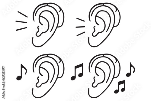 Ear illustrations with sound waves and music notes, representing hearing, audio perception, and sound awareness in a simple, clear style