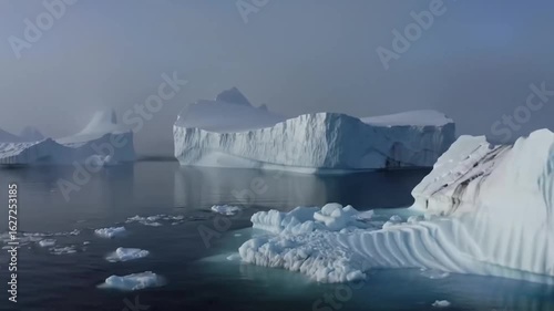 Majestic Icebergs Floating in Freezing Waters with Misty Atmosphere: A Glimpse into the Arctic's Untouched