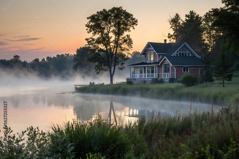 Fototapeta premium Serene Lakeside House at Dawn, Misty Morning Reflection on Calm Water
