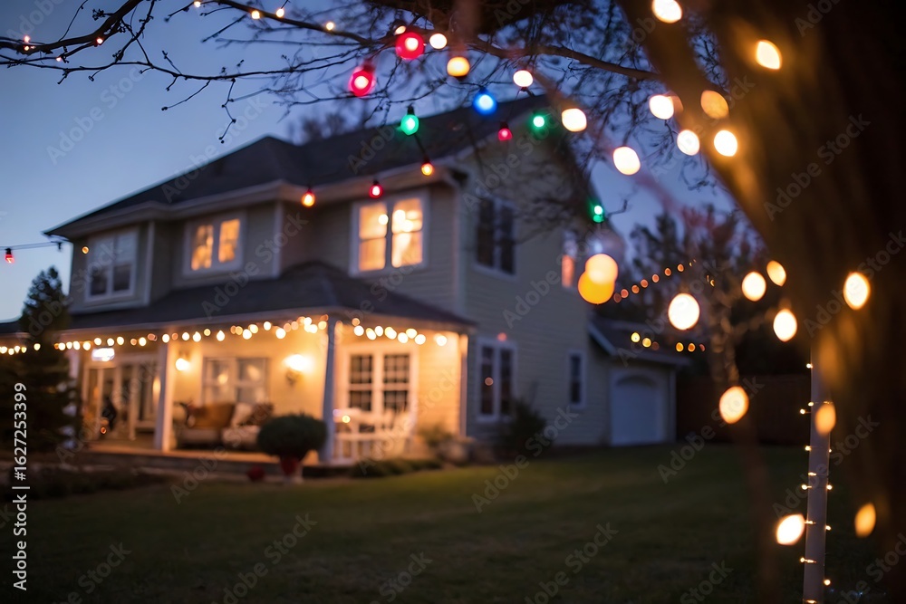 Fototapeta premium Cozy Suburban Home at Night, Illuminated by Festive String Lights