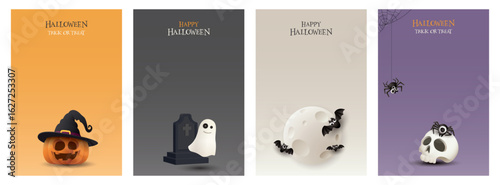 Set of 3D cute Halloween elements invitation card or poster vertical template graphic illustration have blank space.