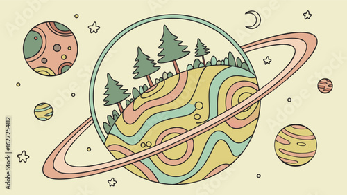 Explore fantasy planet with trees, rings, moons, and stars in dreamy pastel colors vector illustration