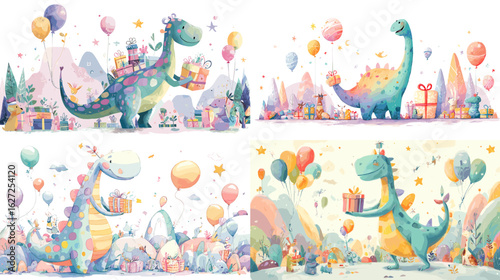 Colorful dinosaurs celebrating with balloons and gifts in a festive mountain landscape, perfect for children's party themes in a joyful watercolor style.

