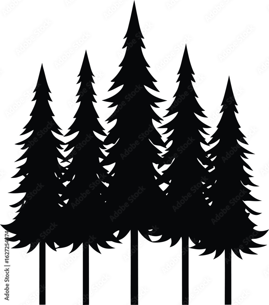 Fototapeta premium Minimal pine tree cluster silhouette isolated on transparent background