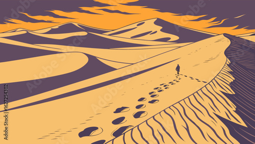 Desert landscape art print with lone traveler and footprints in sand dunes at sunset for home decor idea