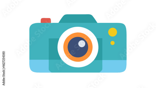 Stock vector illustration of a teal camera with orange lens and red button for photography needs design
