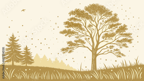 Golden landscape illustration of trees, bird, grass, and stars for nature themed design projects and backgrounds