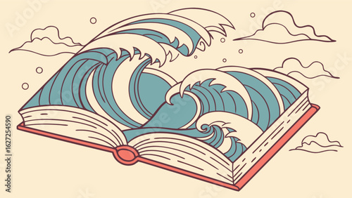 Ocean wave book illustration vector art, fantasy sea waves in book pages, creative book cover design idea art