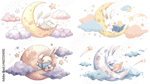 Adorable bunny characters reading books and sleeping on crescent moons among pastel clouds and stars in a dreamy watercolor-style children’s bedtime illustration.


